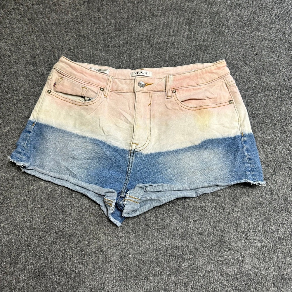 Vigoss Shorts Womens Size 30 Pink Blue Dip Dye Ombre Denim Cutoff Raw Hem Stain